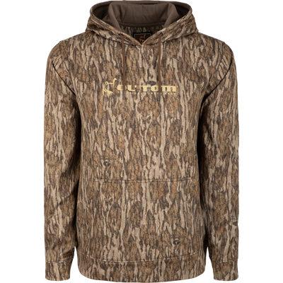 Performance Hoodie with logo, featuring anti-pilling shell, built-in stretch, and kangaroo pocket. Ideal for hunting or casual wear.
