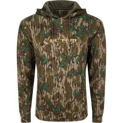 Performance Hoodie featuring a camouflage pattern, close-up of logo, with kangaroo pocket and adjustable drawstring hood, ideal for hunting or casual wear.
