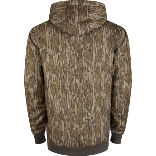 The backside of the Back Eddy Embossed Camo Hoodie, featuring a tree pattern, logo, and fabric details.