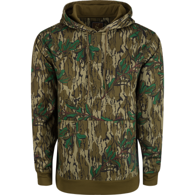 Back Eddy Embossed Camo Hoodie: A polyester hoodie with an embossed Ol' Tom logo, DWR coating for light rain resistance, kangaroo pocket, and adjustable drawstring closure. Perfect for chilly winter mornings or as a mid-layer piece.