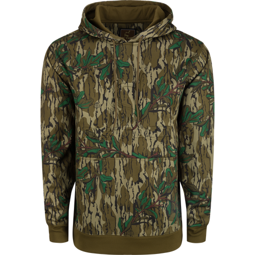 Back Eddy Embossed Camo Hoodie: A polyester hoodie with an embossed Ol' Tom logo, DWR coating for light rain resistance, kangaroo pocket, and adjustable drawstring closure. Perfect for chilly winter mornings or as a mid-layer piece.