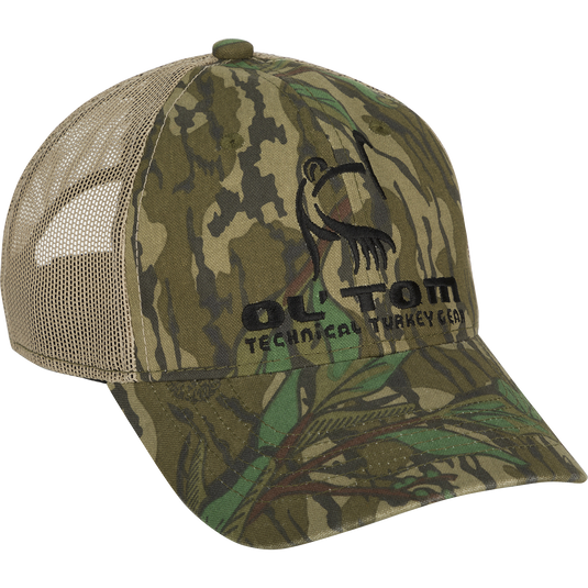 Ol' Tom Camo Mesh Back Logo Cap features a camo front with an embroidered turkey design and breathable mesh back, ideal for turkey hunting enthusiasts.