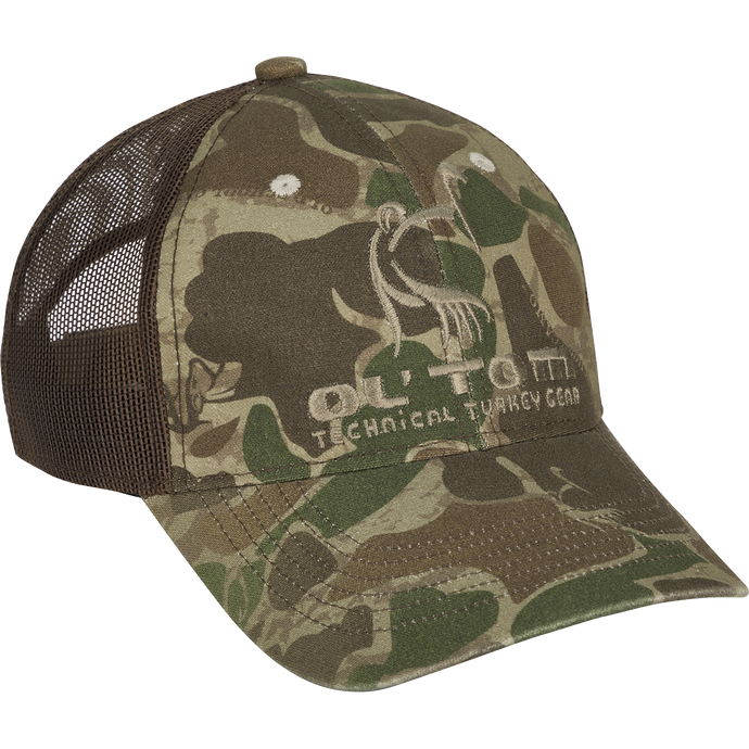 Camo Mesh Back Ol' Tom Logo Cap, a low-profile structured hat with a Velcro back adjustment. Perfect for hunting and outdoor activities.