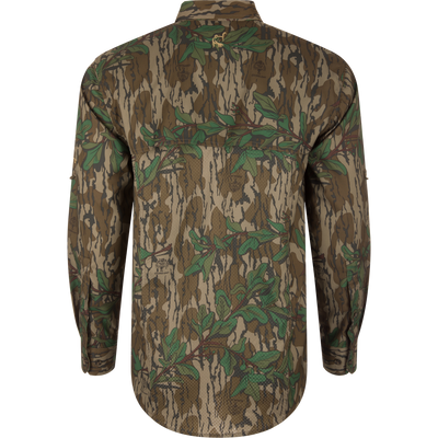Men's Camo Wingshooter Trey Shirt with camouflage pattern, featuring vented back, flap chest pockets, and adjustable roll-up sleeves, designed for performance and comfort.