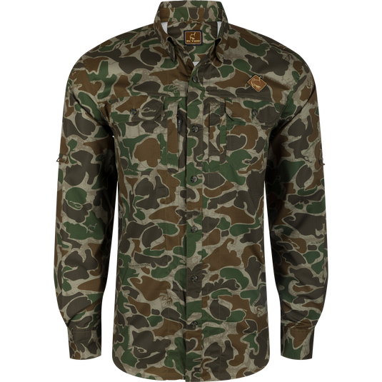 Men's Camo Wingshooter Trey Shirt L/S in Old School Green Camo with hidden pockets, vented back, and adjustable sleeves for hunting and outdoor activities.