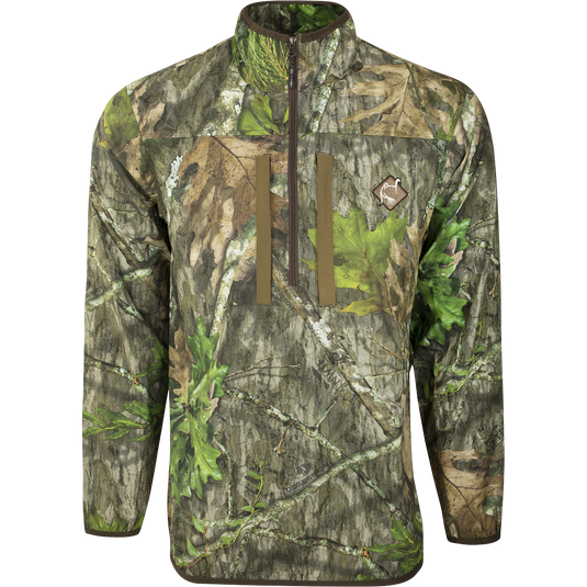 Tech 1/4 Zip with Spine Pad: Camouflage jacket with logo, zipper, and pockets. Lightweight polyester construction with four-way stretch technology. Perfect for early morning chill.