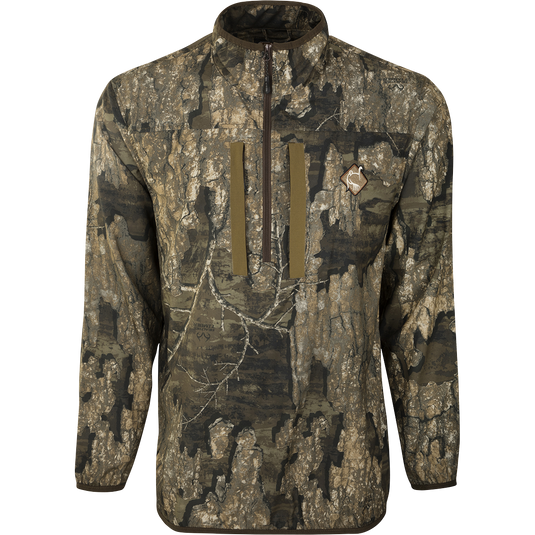 A close-up of the Tech 1/4 Zip with Spine Pad, a camouflage jacket with a logo. Features include Magnattach™ pockets, range finder lanyard, and removable spine pad for comfort. Perfect for early morning hunts.