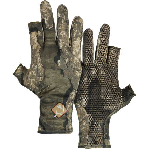Performance Stretch-Fit Turkey Gloves with logo and patch, fingerless thumb and index finger for improved feel and dexterity. Rubberized grip dot palms.