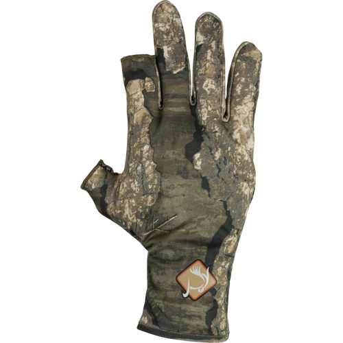 Performance Stretch-Fit Turkey Gloves - Realtree: A logo glove with a camouflage pattern and rubberized grip dot palms for improved feel and dexterity. Fingerless thumb and index finger for maximum control.
