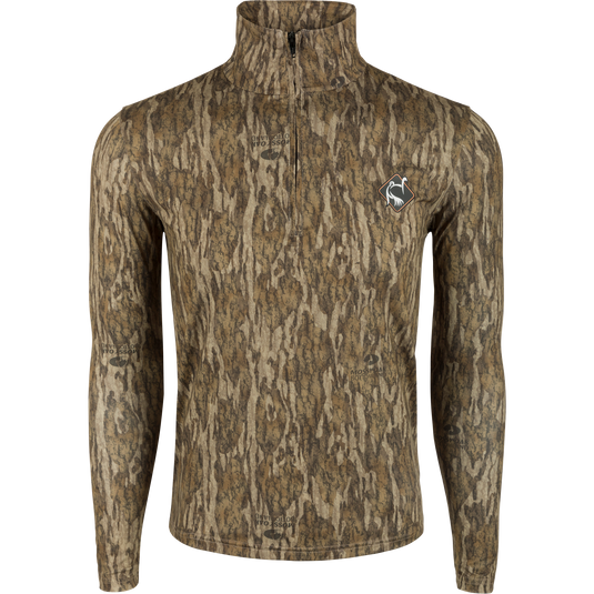 Ol' Tom Performance 1/4 Zip: Moisture-wicking shirt with camo pattern logo. Ideal for hot-weather turkey hunting. Quick-drying, fade-resistant fabric.