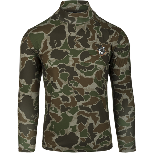 A Performance Mock Neck camouflage shirt with a logo of a bird. Moisture-wicking, ultralight fabric for hot-weather turkey hunting.