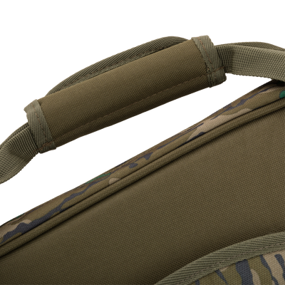 Turkey Gun with Optics Case featuring durable material, specialized pockets for hunting gear, and a padded shoulder sling, designed for shotguns up to 52 inches.