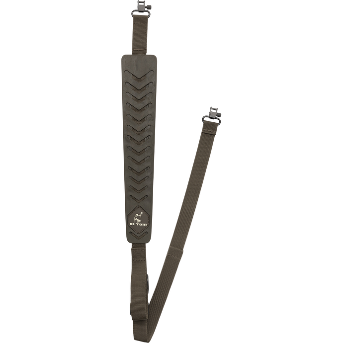Gunslinger Sling with Swivel: A comfortable, adjustable shotgun strap with a logo. Non-slip pad keeps shotgun in place while walking or calling. Thumbhole loop for control.
