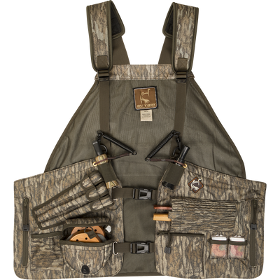 Time & Motion™ Easy-Rider Turkey Vest with padded straps, mesh back, multiple pockets, and bungee lanyards for turkey calls; designed for organized, comfortable hunting.