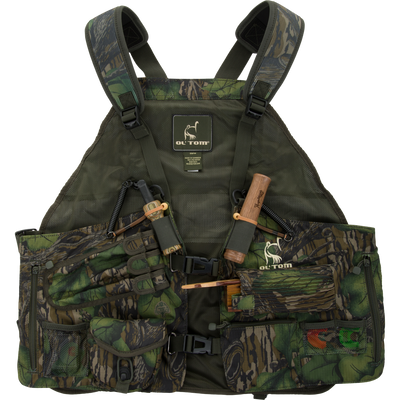 Time & Motion™ Easy-Rider Turkey Vest by Ol’ Tom, featuring camo-print, adjustable straps, multiple pockets with fishing tools, designed for organized, lightweight hunting.
