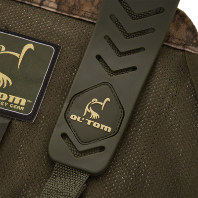 Time & Motion™ Gunslinger Turkey Vest showcasing close-up of adjustable rubber shoulder straps, woven fabric, and multiple organized pockets for efficient gear access.
