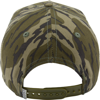 LOST Hat X Ol Tom Easy 5-Panel Circle Cap in camo pattern with snapback closure, designed for turkey hunting, featuring a mid-profile and cotton-polyester blend.