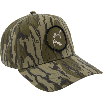 LOST Hat X Ol Tom Easy 5-Panel Circle Cap in tiger-stripe camo, featuring a round patch, mid-profile snapback, ideal for turkey hunting.
