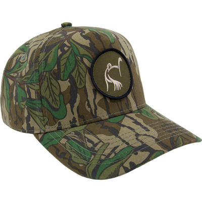 LOST Hat X Ol Tom Easy 5-Panel Circle Cap features camo print and an embroidered patch, ideal for turkey hunting with its comfortable cotton-polyester blend and mid-profile snapback design.