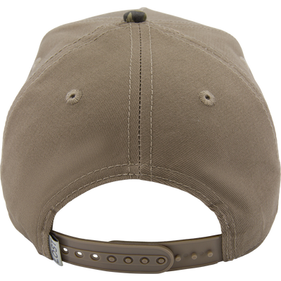 LOST Hat X Ol Tom Easy 5-Panel Hybrid Square Cap, featuring stitched panels, embroidered ventilation holes, and adjustable snapback closure, designed for reliable comfort during turkey hunts.
