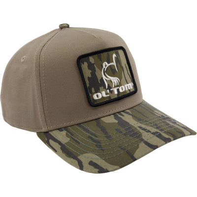 LOST Hat X Ol Tom Easy 5-Panel Hybrid Square Cap with a khaki crown, camo bill, and animal-skull patch, ideal for turkey hunters seeking durability and style.