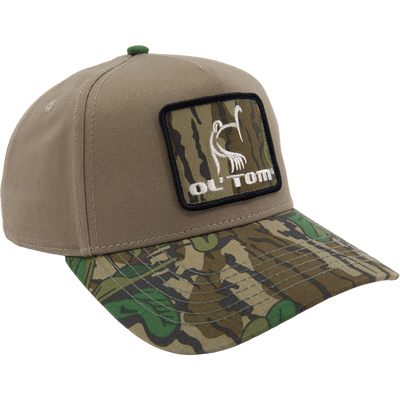 LOST Hat X Ol Tom Easy 5-Panel Hybrid Square Cap features a camo-patterned bill, olive crown, and turkey patch, ideal for stylish, durable hunting wear.