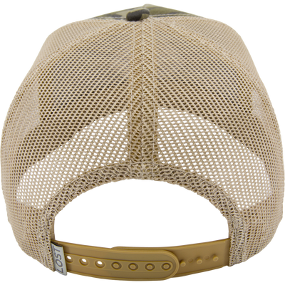 LOST Hat X Ol Tom Easy 5-Panel Trucker Cap, showcasing a tan mesh back with a snapback closure for adjustable fit.