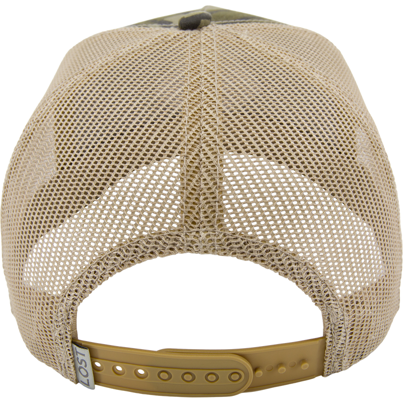 LOST Hat X Ol Tom Easy 5-Panel Trucker Cap, showcasing a tan mesh back with a snapback closure for adjustable fit.
