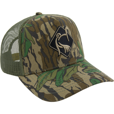 LOST Hat X Ol Tom Easy 5-Panel Trucker Cap with woodland camo, mesh back, and 3D puff turkey embroidery on front, ideal for hunting and outdoor activities.