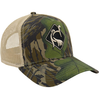 LOST Hat X Ol Tom Easy 5-Panel Trucker Cap with camo print, mesh back, and embroidered turkey logo, offering a structured crown and adjustable snapback fit.