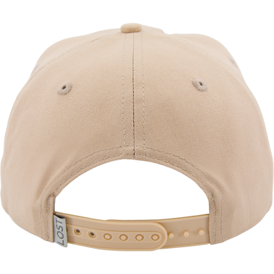 Close-up of the LOST Hat X Ol Tom Goat Rope Hybrid Cap's back, showing woven texture, stitched seams, embroidered eyelets, and adjustable snap-back strap with tag 1507.