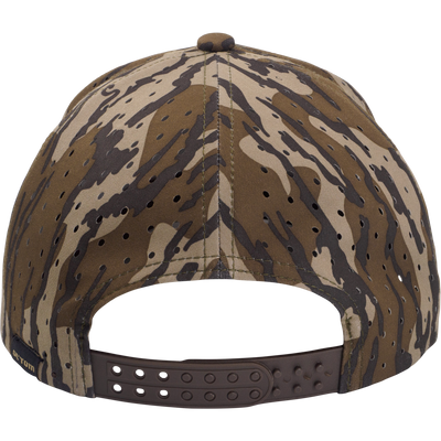 Ol' Tom Perforated Cap’s back view in tiger-stripe camo with ventilation, featuring a brown snap-back closure for adjustable sizing, ideal for outdoor activities.