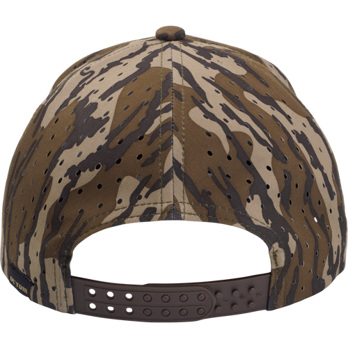 Ol' Tom Perforated Cap’s back view in tiger-stripe camo with ventilation, featuring a brown snap-back closure for adjustable sizing, ideal for outdoor activities.