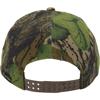 Ol' Tom Perforated Cap features a camo pattern, laser-cut ventilation, and adjustable snap closure, designed for waterfowl hunting with durable, structured build.