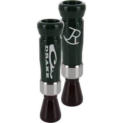Limited Edition Drake x RNT Duck Call featuring dark green bodies with silver bands and brown mouthpieces, designed for mimicking duck sounds in hunting.