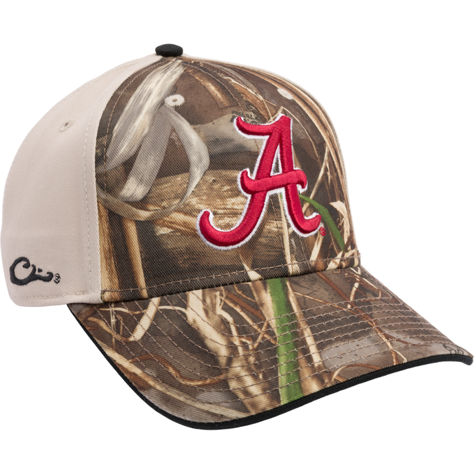 Embroidered Alabama Max-7 Twill Cap in Realtree Camo pattern. Structured 6-panel design with X-Peak visor and adjustable closure. Ideal for hunting and outdoor enthusiasts.