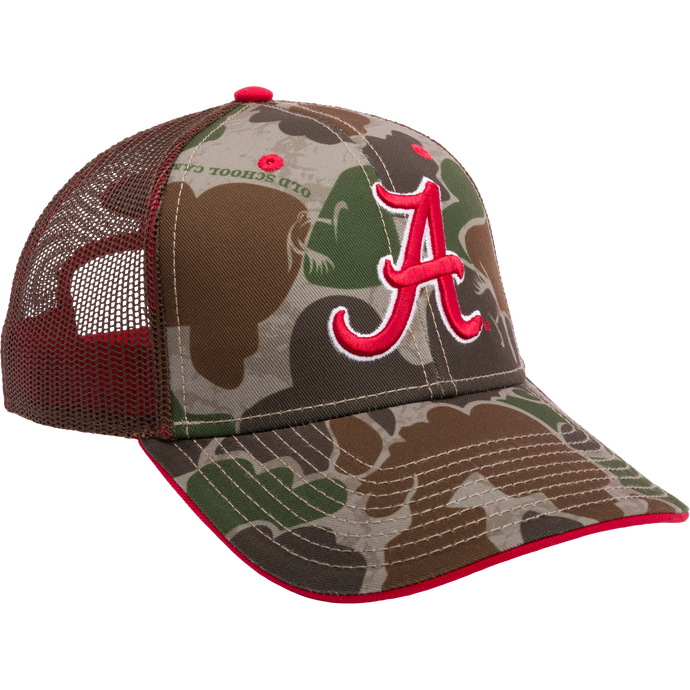 Alabama Old School Green Cap: Spun polyester twill trucker hat with mesh panels. Features Old School Green Camo pattern, 3D embroidered college logo, and snap-back closure. From Drake Waterfowl's Collegiate Series.
