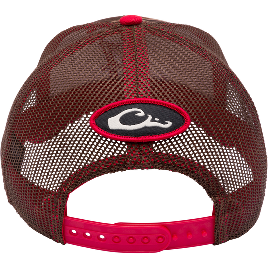 Alabama Old School Cap by Drake Waterfowl: Red and black hat with white logo, mesh back panels, X-Peak visor, and adjustable snap-back closure. Ideal for hunting and outdoor enthusiasts.