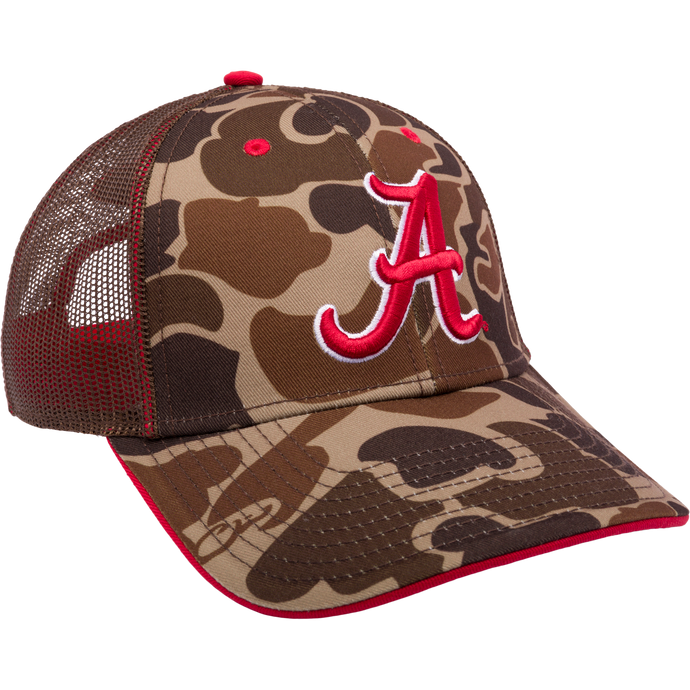 Alabama Old School Cap, a camo trucker hat with red letter embroidery. Polyester twill front, mesh back, X-Peak visor, 3D logo, snap-back closure. Ideal for hunting and casual wear.