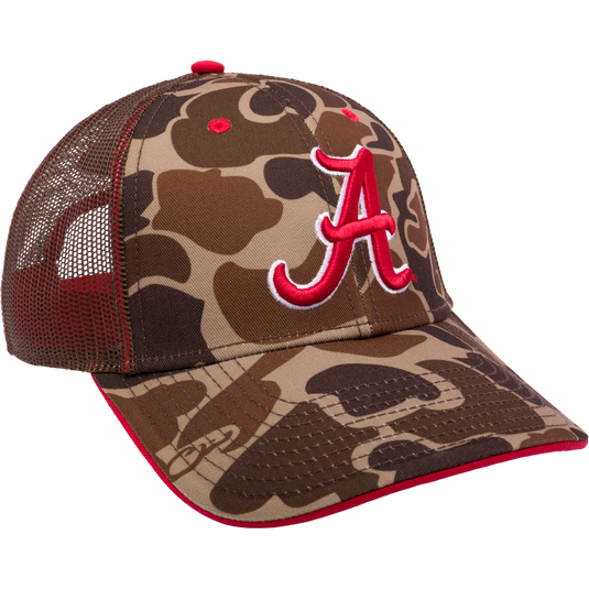 Alabama Old School Cap, a camo trucker hat with red letter embroidery. Polyester twill front, mesh back, X-Peak visor, 3D logo, snap-back closure. Ideal for hunting and casual wear.