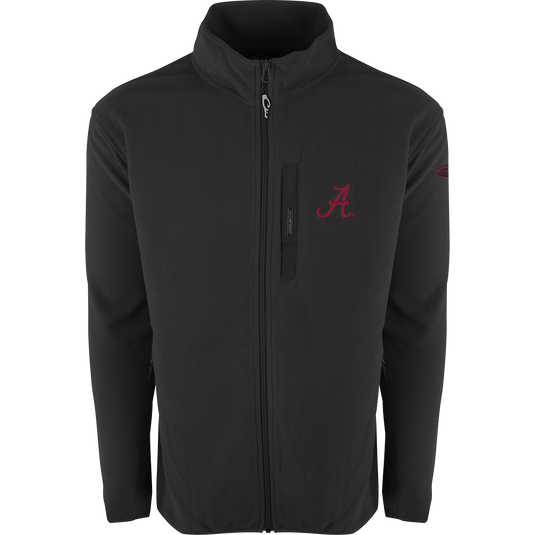 A midweight Alabama Full Zip Camp Fleece jacket with an embroidered logo on the right chest. Perfect for cool fall days, this black jacket is made of 100% polyester micro-fleece with an anti-pill finish for longer fabric life. Ideal for layering, it features moisture-wicking properties.