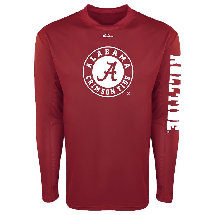Alabama L/S Performance Shirt: A red long-sleeved shirt with a white logo. Provides optimal sun protection and comfort with breathable mesh on the back and underarms. Made with Shield 4™ technology for all-around protection. Ideal for outdoor activities like hunting, fishing, and more.