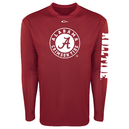 Alabama L/S Performance Shirt: A red long-sleeved shirt with a white logo. Provides optimal sun protection and comfort with breathable mesh on the back and underarms. Made with Shield 4™ technology for all-around protection. Ideal for outdoor activities like hunting, fishing, and more.