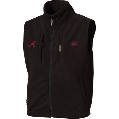 Alabama Windproof Layering Vest with red scripted “A” and oval emblem on chest, featuring zip-up fleece, windproof barrier, and multiple pockets.