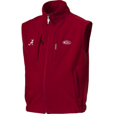 Alabama Windproof Layering Vest with chest pockets, stand-up collar, zippered hand pockets, and embroidered logos, ideal for warmth without bulk in outdoor activities.