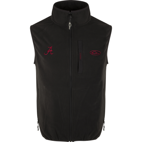 Alabama Camp Fleece Vest with windproof barrier and Alabama logo embroidery on right chest. Stand-up collar, Magnattach™ pocket, and handwarmer pockets.