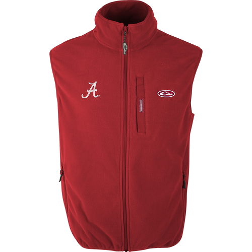 Alabama Camp Fleece Vest: Windproof layering vest with Alabama logo embroidery on right chest. Stand-up collar, Magnattach™ left chest pocket, and lower handwarmer pockets. Windproof, water-resistant ultra-warm fleece. Comfortable and lightweight.