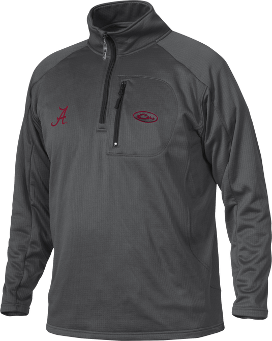 A grey jacket with University of Alabama logo embroidery on the right chest, perfect for active outdoorsmen. Made of four-way stretch polyester micro-fleece with square check backing for improved stretch and breathability. Features a vertical front chest zippered pocket. Alabama BreatheLite™ 1/4 Zip.