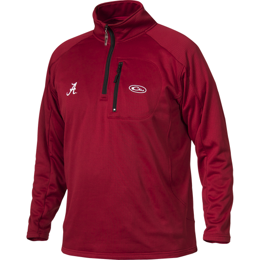 A close-up of the Alabama BreatheLite™ 1/4 Zip jacket with logo embroidery on the right chest. Made of stretch polyester micro-fleece for insulation and moisture management. Features a zippered pocket on the front chest. Ideal for active outdoorsmen in cool weather.