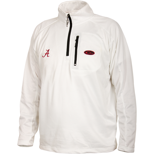 A white jacket with a red University of Alabama logo on the right chest, featuring a vertical front chest zippered pocket. Ideal for cool weather, this Alabama BreatheLite™ 1/4 Zip provides ultralight insulation and moisture management in a comfortable, stylish pullover design. Made of 100% polyester with four-way stretch and square check fleece backing.